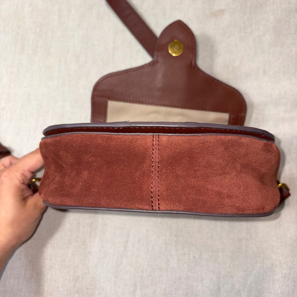 American Leather Co Mahogany Brown Suede Leather Quilted Crossbody Saddle Bag - Picture 7 of 11